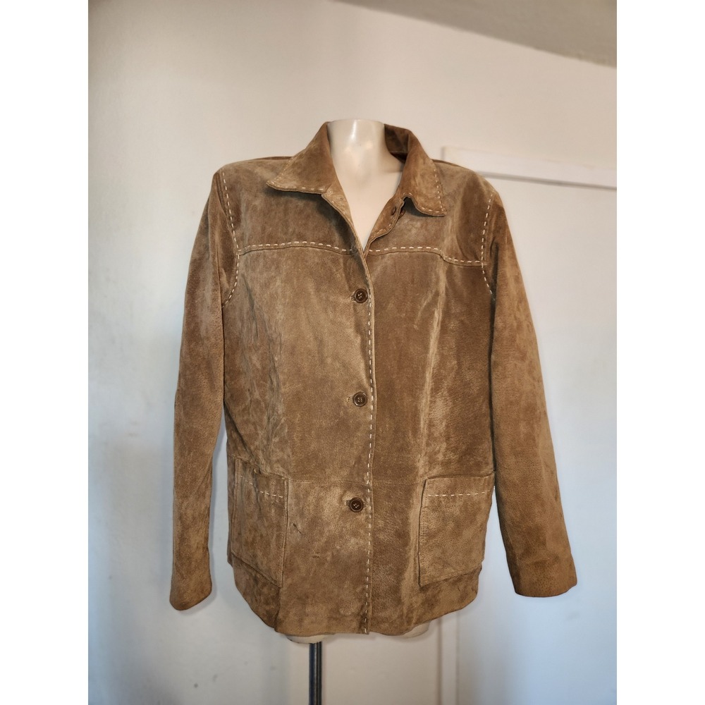Denim & Co Womens Tan Leather Suede Whipstitch Button Front Jacket XL A2397 - Picture 2 of 8